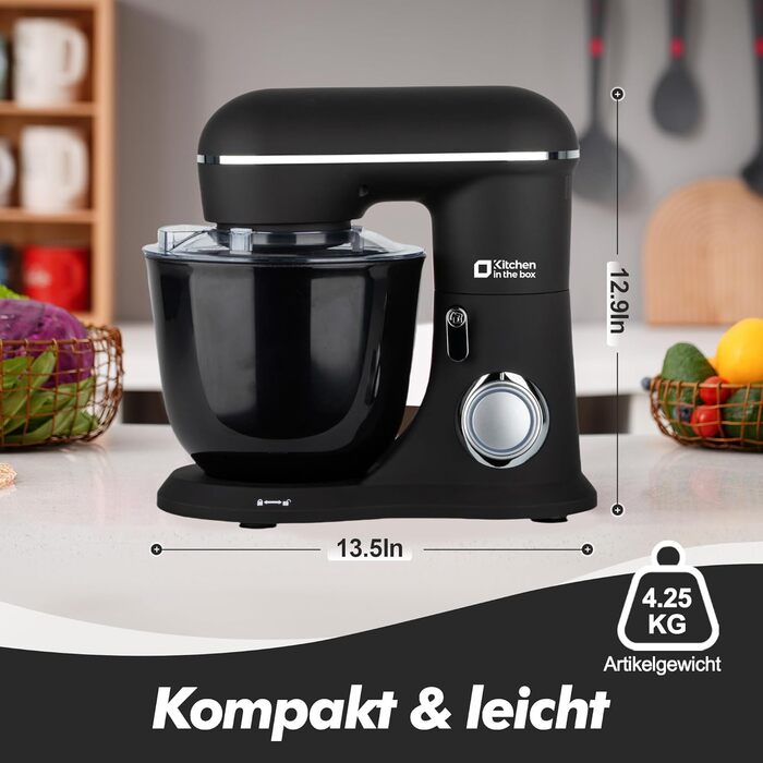 Кухонний комбайн Kitchen in the box, планетарний міксер з чашами 4,5 л та 5 л, 1300 Вт, 10+ швидкостей, з насадками (гак, міксер, вінчик), чорний