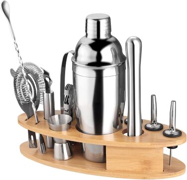 FUNYKICH Cocktail Shaker Set with Stand, 22pcs Stainless Steel Cocktail Shaker Set: 750ml Cocktail Shaker, Measuring Cups, Muddler, Spoon, Strainer, Jigger, Ice Tongs, Bottle Opener, Bar Measure; Bar Accessories Gift