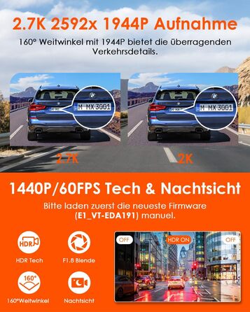 Автомобільний відеореєстратор VANTRUE E1 2.7K Wi-Fi GPS, 2.5K 1440P/60FPS, керування голосом та пультом, нічне бачення HDR, паркувальний режим 24/7, кут 160°, до 512ГБ