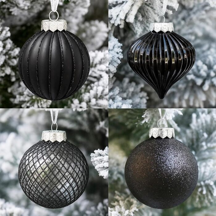 Чорні новорічні прикраси SLEETLY 28 шт. - кулі, льодинці, сніжинки. Стійкі до пошкоджень, пластикові