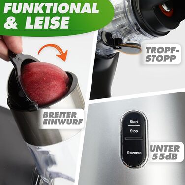GREEN-PRESS EDELSTAHL Slow Juicer 304 Stainless Steel Auger BPA-Free I GERMAN BRAND I Whole Fruits, Celery, Vegetables, and Fruit Juicer, Test Winner 2023, All-Rounder Electric Juice Press Silver Knight / Stainless Steel