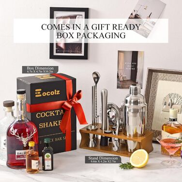 Cocktail Shaker Set with Bamboo Stand & Recipe Book - 750ml Stainless Steel Bar Set with 17-Piece Cocktail Mixing Kit - Bartender Gift for Women