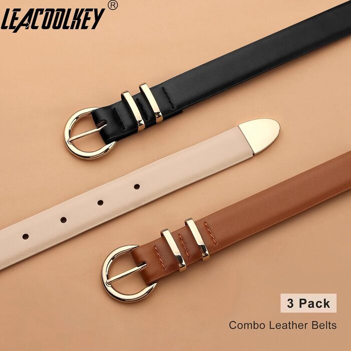 LEACOOLKEY: 3 жіночі шкіряні ремені-коси для джинсів та суконь. В'язані ремені з металевою блискавкою (100 см). Розмір: 66-76 см. Кольори: чорний, коричневий, бежевий.