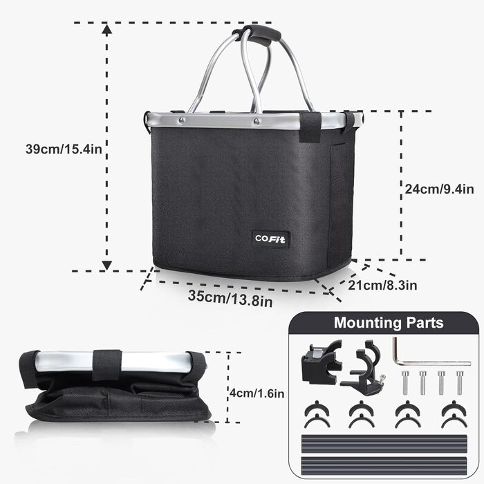Складаний велосипедний кошик COFIT, знімний багатоцільовий кошик для велосипеда, для тварин, покупок, поїздок, кемпінгу та відпочинку на природі (Чорний)