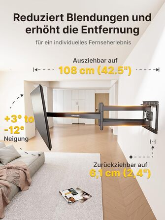 Кріплення для телевізора monTEK 1080mm для 43-90 дюймів (Flat/Curved), до 60 кг, поворотне та нахильне, VESA 800x400 mm