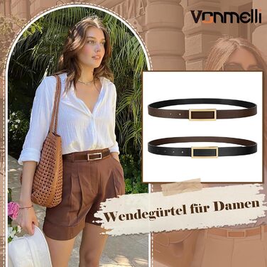 Жіночий шкіряний ремінь VONMELLI вузький з двосторонньою пряжкою, чорний/кавовий, розмір XL (130 см, талія 103-115 см) для суконь, джинсів, штанів