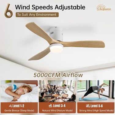 Стеляний вентилятор Sofucor з дистанційним керуванням, дерев'яний з 3 лопатями, 132 см, тихий, 6 швидкостей, таймер, DC двигун, літньо-зимовий режим, для спальні (з підсвічуванням та кріпленням Flush Mount, натуральне дерево)