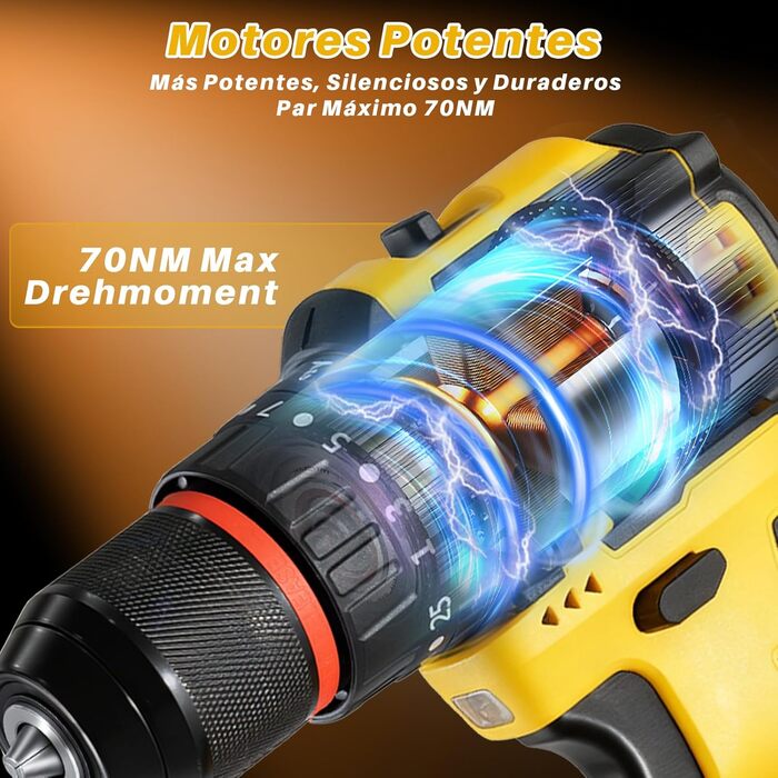 Акумуляторний шуруповерт 21V безщітковий, 2 акумулятори 2.0Ah, 70 Nm, 25+3 ступені крутного моменту, 2 швидкості, LED-ліхтик, патрон 10 мм, для ремонту та DIY