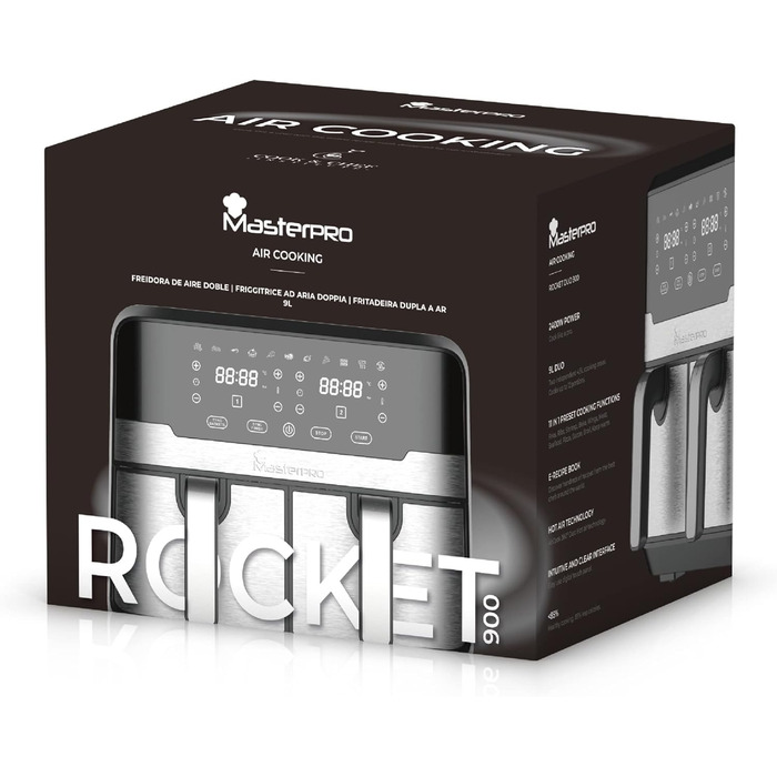 Фритюрниця MasterPRO Rocket Duo 900 | Двокамерна, 9л, 2100W, LED-touchscreen, антипригарне покриття | 11 функцій в 1 | Чорний