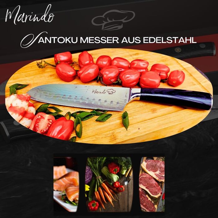 Японський ніж Santoku Marindo® з нержавіючої сталі 17,8 см | Ніж для кухні з дамаскною обробкою та стійкою дерев'яною ручкою | Універсальний японський ніж з подарунковою упаковкою | Гострий та нержавіючий
