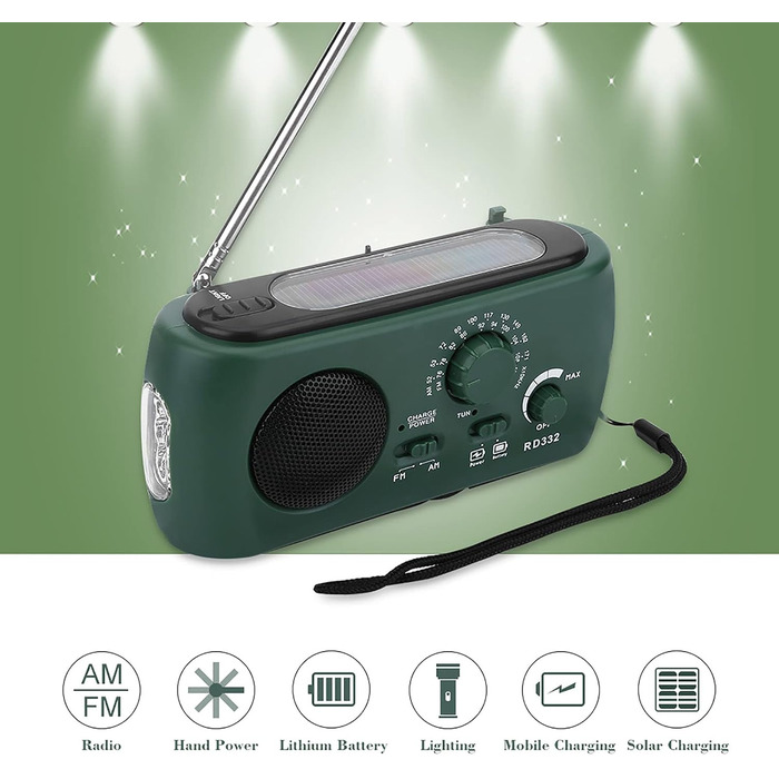 Радіо Elprico з ручним приводом, сонячне, AM/FM, з LED-ліхтариком, для надзвичайних ситуацій, дому та активного відпочинку