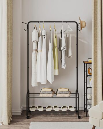 Clothes Rack with 2-Tier Shelf, 3-in-1 Design, Clothes Stand with 4 Wheels, Coat Rack with 4 Hooks for Bags, GR07499A (Black)