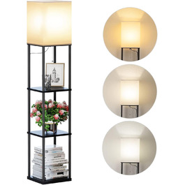 Стійка лампа з полицею для вітальні у стилі вінтаж, чорна. Металева підлога, 3 режими кольору, тканинний абажур, вимикач на ніжці. Ідеальна для вітальні, спальні, офісу.