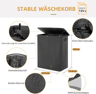 Laundry Basket with Lid, 135L Extra Large Laundry Basket with 2 Compartments, Dirty Clothes Hampers for Laundry, Laundry Collector with 2 Divided Compartments, Laundry Basket Organizer for Bedroom, Dark Gray