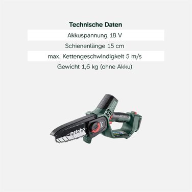 Акумуляторна сукова пила Metabo MS 18 LTX 15, 18В, шина 15 см, для обрізки дерев (без АКБ та зарядного пристрою), CAS сумісна