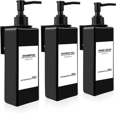 Набір з 3 дозатори для мила Roselee на стіну, 500 мл, без свердління, для душу, шампуню, ванни, чорний