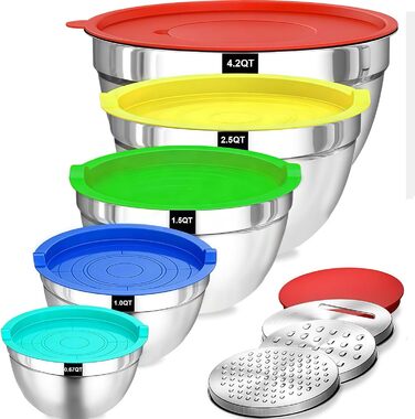 Набір місок з нержавіючої сталі 5 шт. з кришками – 4.5L/2.7L/1.6L/1.1L/0.7L – з 3 тертками, неслизькі та стіклі, придатні для миття в посудомийній машині для кухні та випічки