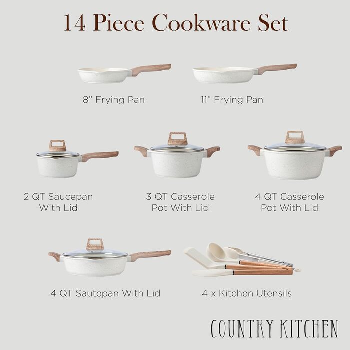 Набір посуду Country Kitchen, 14 предметів: каструлі та сковороди з антипригарним покриттям, алюмінієвий литий, кремовий колір