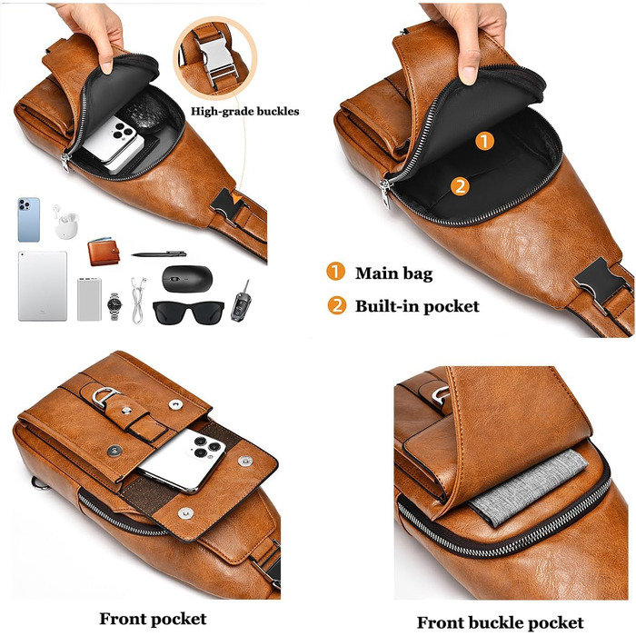 Чоловіча нагрудна сумка через плече з PU-шкіри, водонепроникна, світло-коричнева