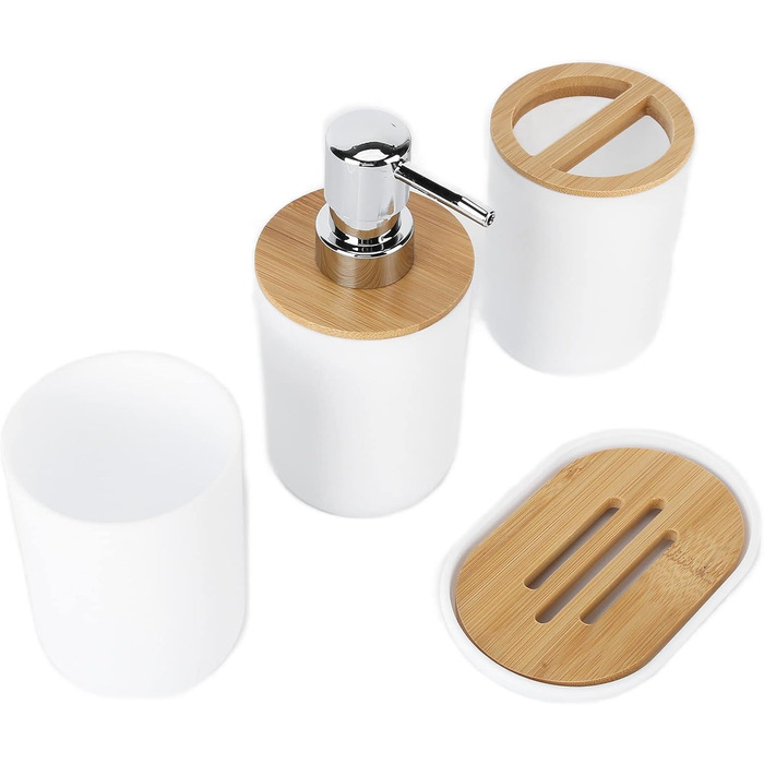 Набір аксесуарів для ванної кімнати на 4 предмети: тримач для зубних щіток, мильниця, дозатор для лосьйону, стакан для ополіскувача, сучасна сантехніка для дому та готелю (білий)