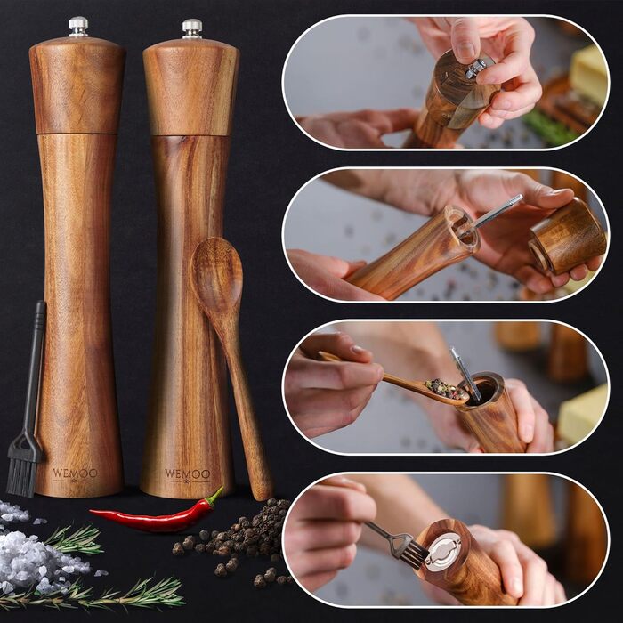 Wooden Salt and Pepper Grinder Set, Very Large (25.5 cm) | Spice Grinders with Durable Ceramic Grinder | Extra Filling Spoon and Cleaning Brush | Set with Pepper and Salt Mills