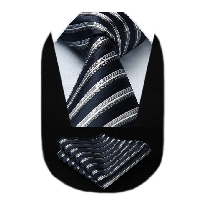 HISDERN Комплект краватки та нагрудного хустинки в смужку: темно-синій та сірий | Чоловіча краватка для весілля
