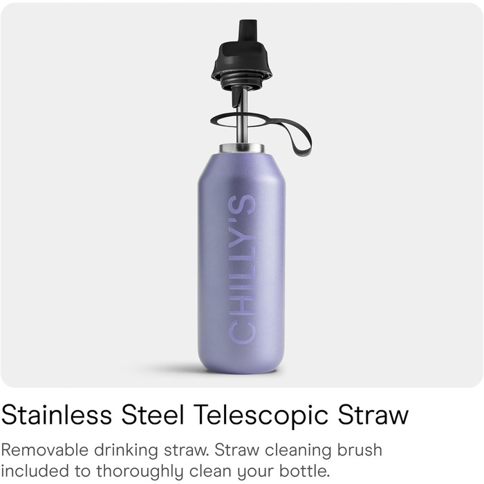 Chilly's Series 2 Flip Bottle - Thermos Flask with Sport Cap, Telescopic Straw and Nylon Carry Loop - Stainless Steel Bottle with Easy Flip Opening, Includes Straw Cleaning Brush (Lavender, 500 ml)