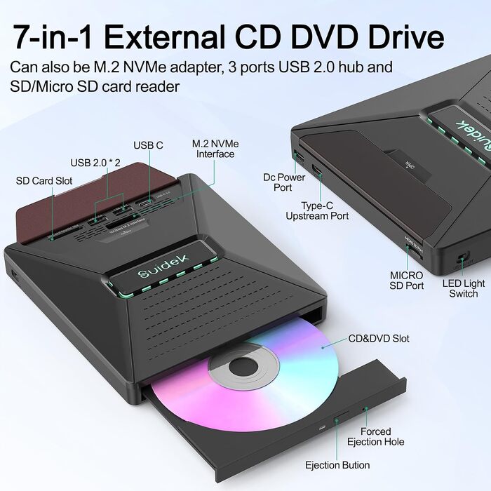 Зовнішній CD/DVD-привід SUIDEK для ноутбука та ПК, DVD+/-RW записувач з SATA 2.5