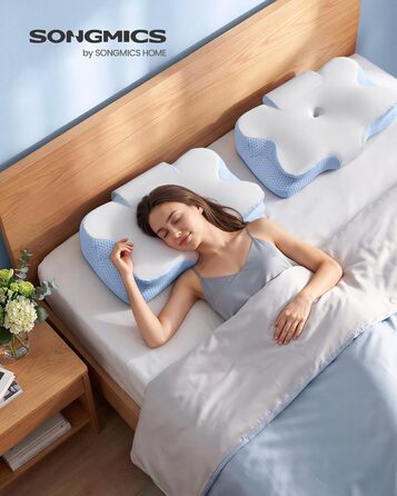 Подушка SONGMICS ергономічна з Memory Foam, регульована висота, для сну на боці, спині та животі, колір: блакитно-білий (TBP051GZ02)