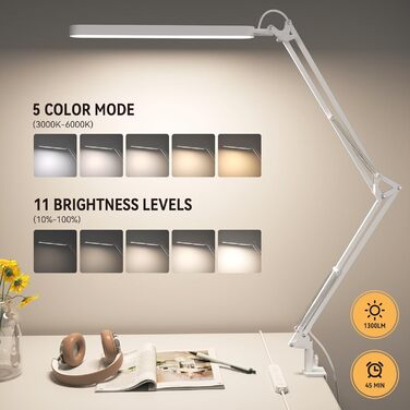 SKYLEO LED Desk Lamp - Adjustable Gooseneck, 5 Color Modes, 11 Brightness Levels, Timer & Memory Function, 12W, 16.5