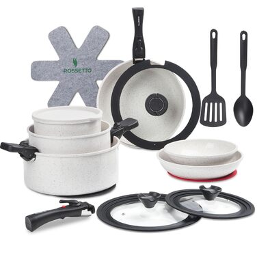 Набір посуду ROSSETTO 23 предмета з знімними ручками та керамічним антипригарним покриттям, складається для зберігання. Включає: каструлі, сковорідки, сотейники, казани. Без PFOA та PFOS.
