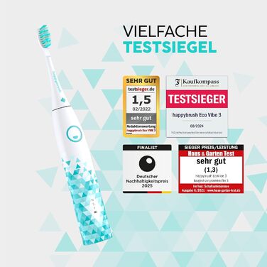 Електрична звукова зубна щітка Happybrush Eco Vibe 3 - Тест-переможець 2024 - 100 днів тестування. Включає чохол для подорожей та зубну пасту. White/Mint