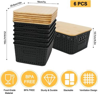 UHAPEER Storage Box with Bamboo Lid, 6 Pack Storage Basket, Plastic Basket Storage, Kitchen Organizer White, Stackable Storage Boxes, Box with Lid 25.6 x 18 x 10.7 cm (Black)