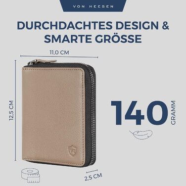 Гаманець VON HEESEN з натуральної шкіри з RFID-захистом, з монетницею, для чоловіків і жінок, колір таупе