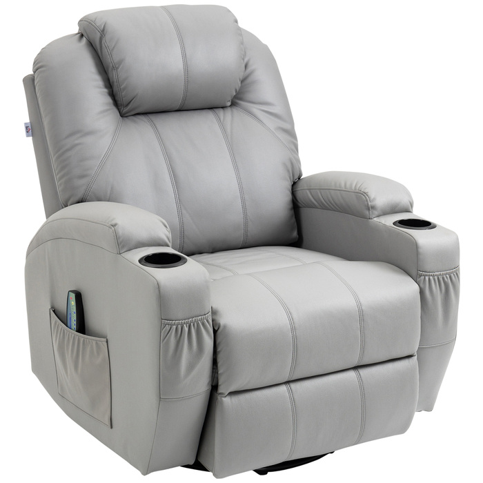 HOMCOM Electric TV Recliner Chair, Weight Capacity 150 kg, Stressless Recliner with Lie-Flat Function, Faux Leather, Light Grey