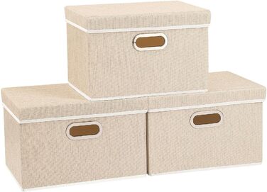 Yawinhe 3-Piece Storage Boxes with Lids, Foldable Fabric Box with Handles, Storage Boxes, for Bedroom, Clothes Storage, 32x23x20cm, SNK023G-3 (32x23x20cm/3-Pack, Beige)