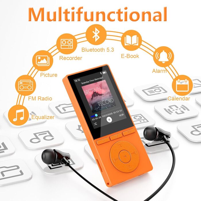 MP3 плеєр 64GB Bluetooth 5.3 з динаміком, HiFi звук, диктофон, E-book, підтримка TF карти 128GB (Помаранчевий)