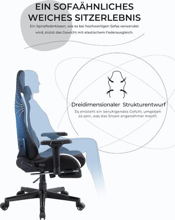 Ігровий крісло Dowinx з тканини - ергономічне крісло для офісу з функцією масажу, підголівником, поперековою подушкою та підставкою для ніг - чорно-біле