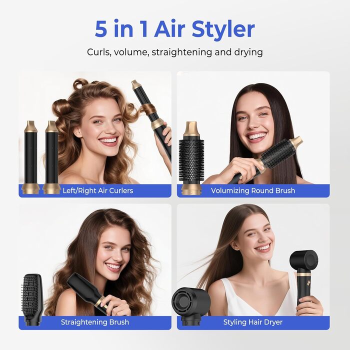 Airstyler 5 в 1: Фен-щітка, плойка, випрямляч для волосся. 1000W, 3 температурні режими, для об'єму, локонів та випрямлення. Білий (Чорний)