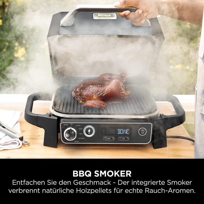 Ninja Woodfire Electric Grill with Smoker & Air Fryer - 7-in-1 Outdoor BBQ Grill - Weatherproof, Non-Stick, Portable - Grey/Black OG701EU