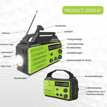 Портативне радіо Feegar Oze 3 Pro з сонячною панеллю та ручним приводом, радіо для надзвичайних ситуацій з AM/FM, 8000mAh, ліхтарик, датчик руху, USB-зарядний пристрій, SOS-сигнал, для кемпінгу