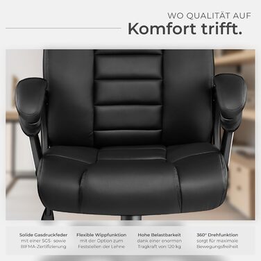 Офісний крісло Tectake, крісло для шефа, поворотне крісло на колесах, комп'ютерне крісло, регульоване по висоті, ергономічне крісло з екошкіри, з підлокітниками та функцією гойдання, 12 см підкладки - чорне