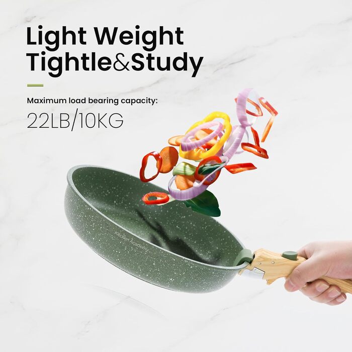 Набір каструль та сковорідок Kitchen Academy 10 предметів з знімними ручками. Підходить для всіх типів плит, включаючи індукційні. Сковороди 20/25 см, каструля 18 см. Колір: зелений