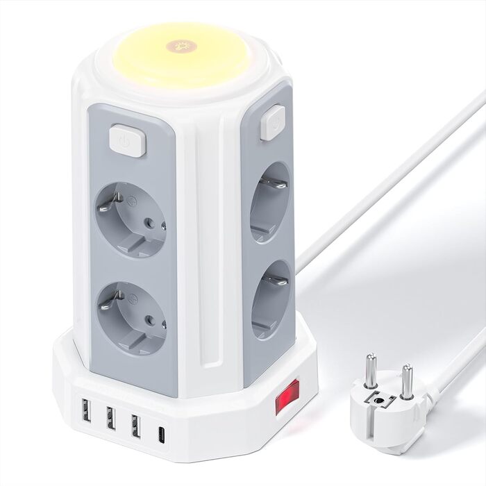 Многофункціональна мережева розетка з 8 розеток, 4 USB-портами та світлом, захист від перенапруги, 2м кабель, 16А, білий