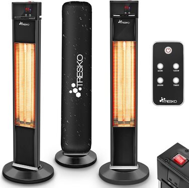 Інфрачервовий обігрівач TRESKO 2000W з пультом дистанційного керування | Тепловий випромінювач для тераси, електричний, 3 режими нагріву | Тепловий струмінь для тераси, всередині та зовні | Інфрачервовий обігрівач з LED-дисплеєм, чорний