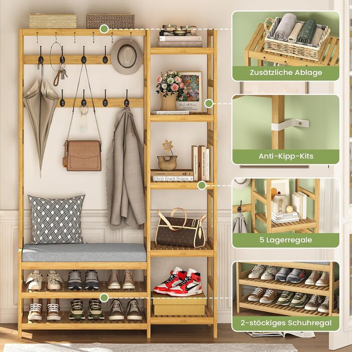 VIAGDO Wardrobe with Shoe Bench, Clothes Rack with 5 Storage Shelves, Wardrobe with Shoe Shelf, 10 Double Hooks, Entryway Wardrobe for Hallway and Bedroom 104x33x175 cm (104 x 33 x 175 cm)
