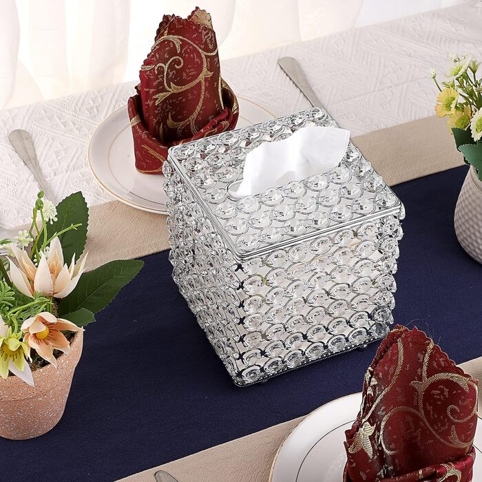 SUMNACON Crystal Silver Cosmetic Tissue Box Made of Glass and Metal, Pocket Tissue Box, Tissue Dispenser. Tissue box decoration for living room, dining room, hotel, restaurant, office, square.