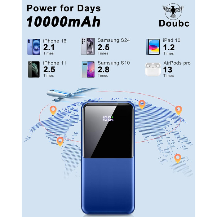 Портативний зарядний Power Bank 10000mAh, 22.5W, PD USB-C, для iPhone, Samsung та інших. Чорний/Синій