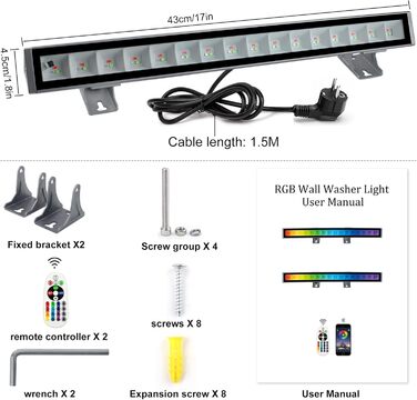 RGB LED Floodlight, 48W RGB Wallwasher Light, LED Bar Light Effects IP66 Waterproof Smart Party Lights with Remote Control and APP Control for Outdoor Indoor Tree Party Garden