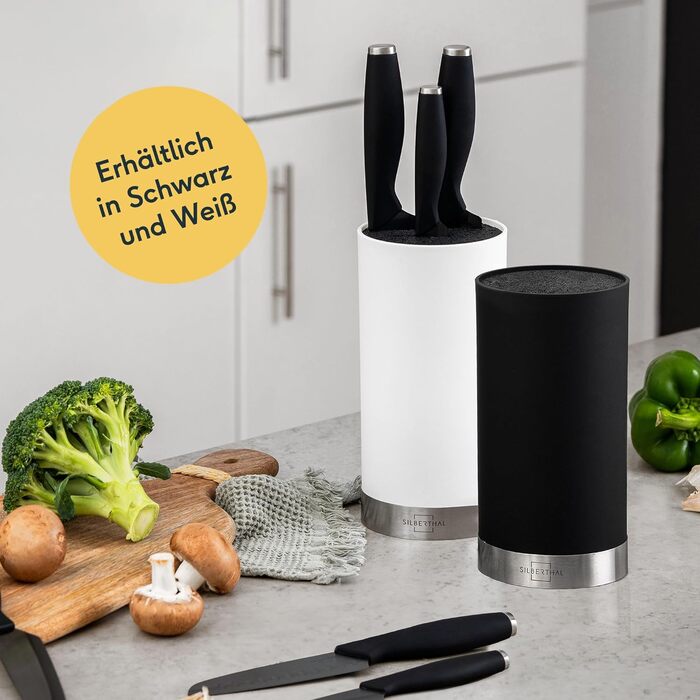 SILBERTHAL Universal Knife Block without Knives - Removable Brush Insert - Holds up to 10 Knives - Round - Black - Recycled Plastic with Stainless Steel Ring